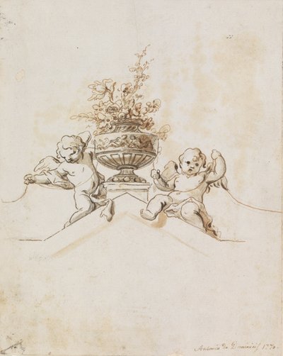 Study for a Painted Wall Decoration: Two Putti beside a Vase with Flowers by Antonio di Dominici